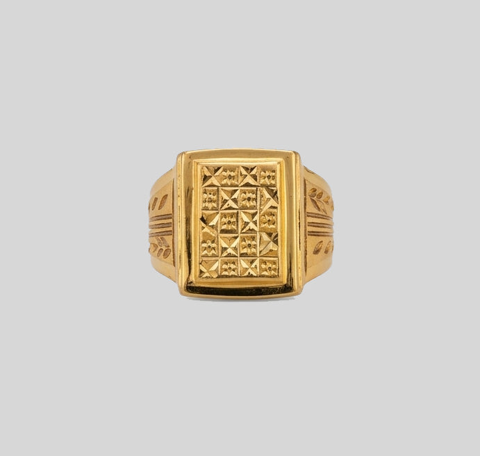 Gents Checkered Square Signet Ring | 22K Gold Artisan Band
