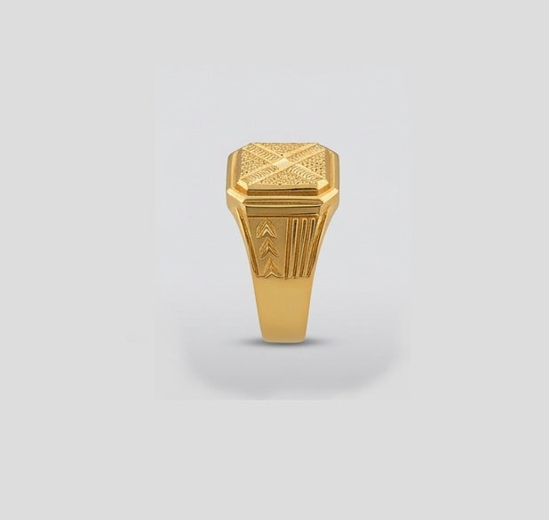 Gents X-Pattern Gold Signet Ring | 22K High-Polish Statement