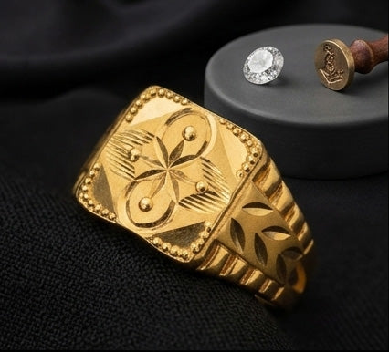 Gents Hand-Engraved Gold Shield Ring | 22K Abstract Pattern Signet