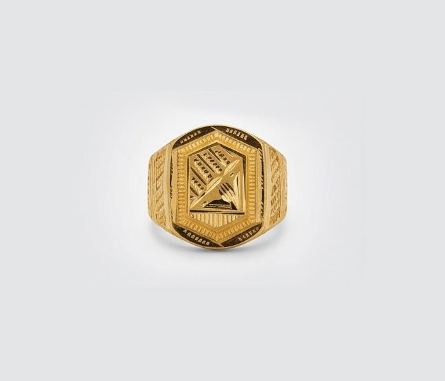 Gents Rectangular Radial Etched Gold Ring | 22K Artisan Signet