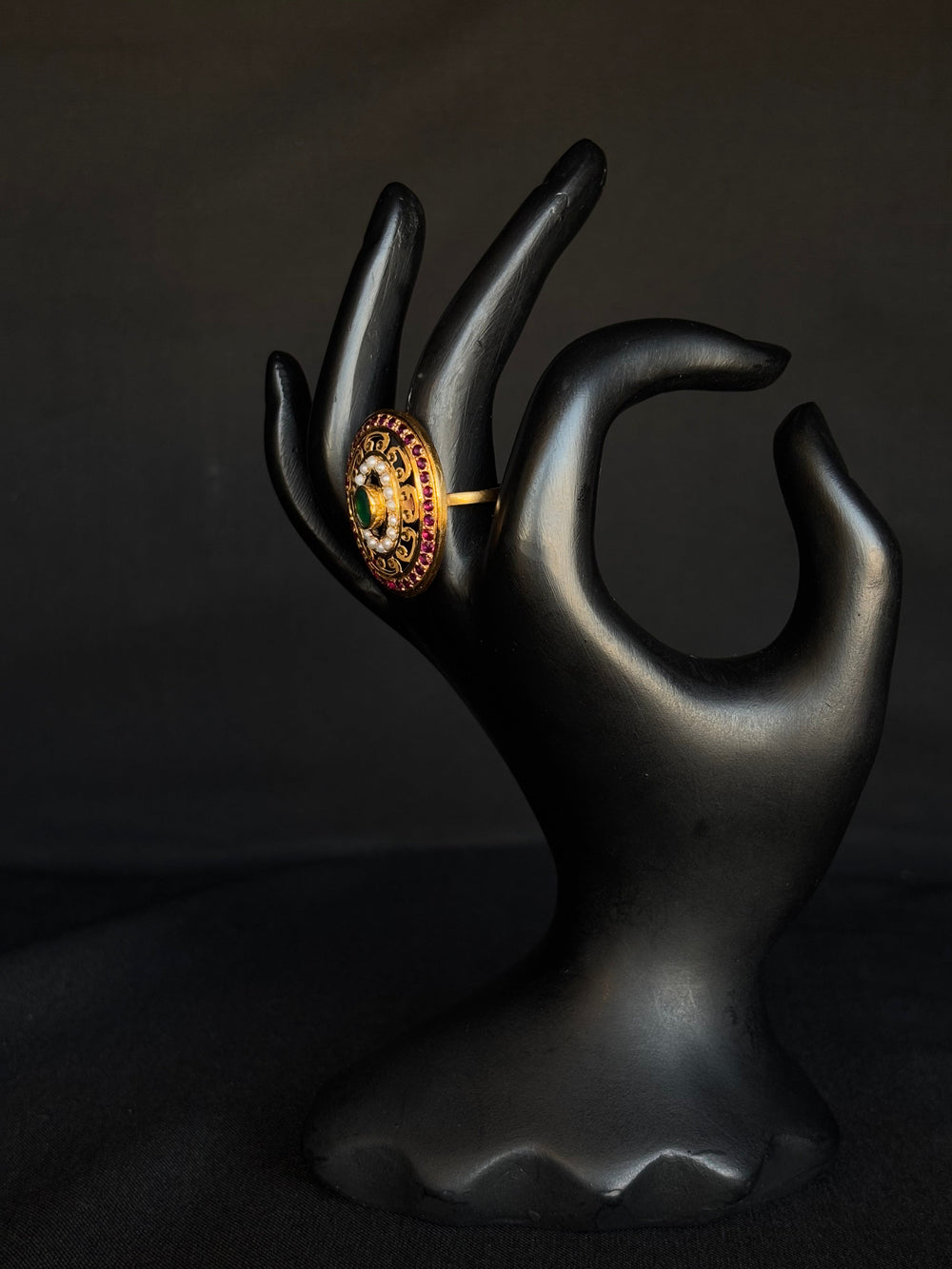 22K Gold Jadau and Gemstone Ring with Pearl Accents - Traditional Indian Design