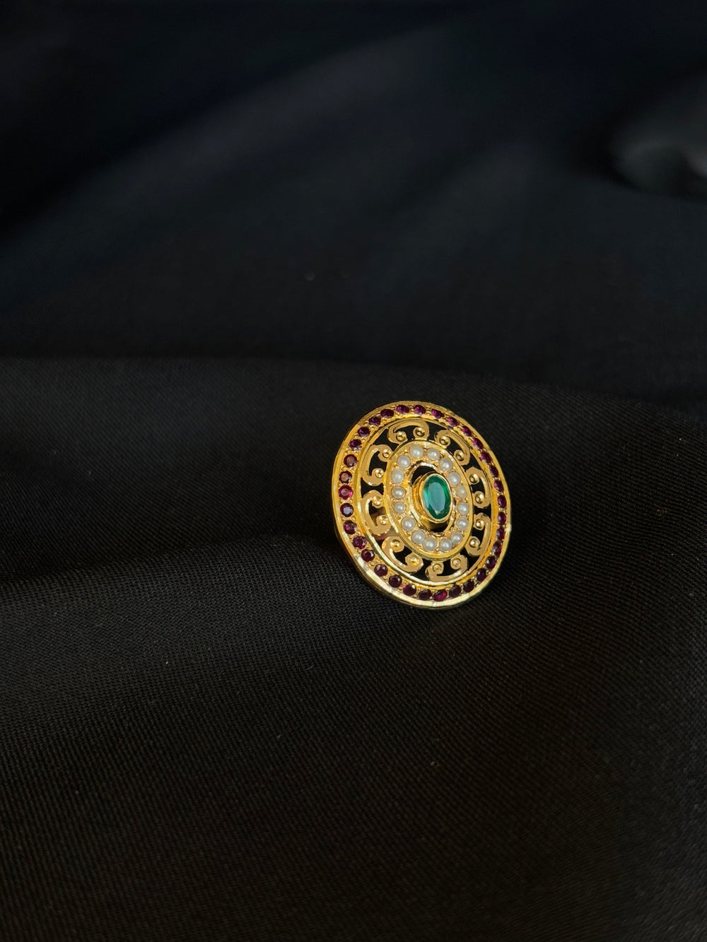 22K Gold Jadau and Gemstone Ring with Pearl Accents - Traditional Indian Design