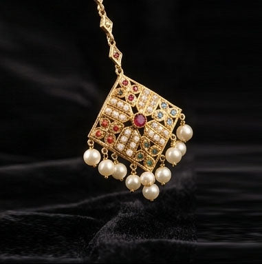 Royal 22KT Gold Jadau Maang Tikka with Pearls & Multi-Gemstones