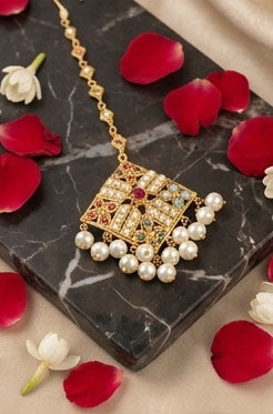 Royal 22KT Gold Jadau Maang Tikka with Pearls & Multi-Gemstones