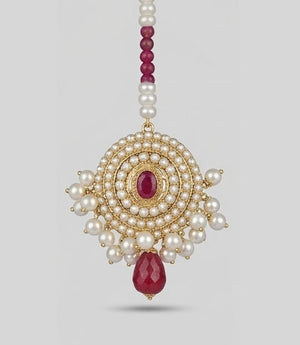 22KT Gold Circular Chandbali Maang Tikka with Ruby & Pearl Droplets