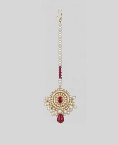 22KT Gold Circular Chandbali Maang Tikka with Ruby & Pearl Droplets