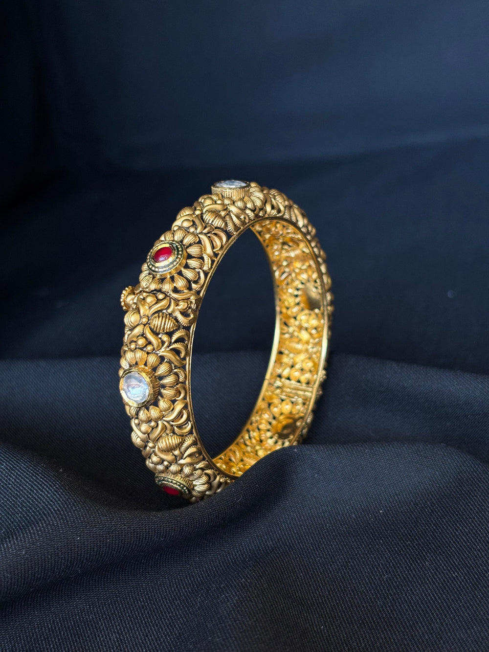 22K Gold Floral Bangle Set with Gemstone Details