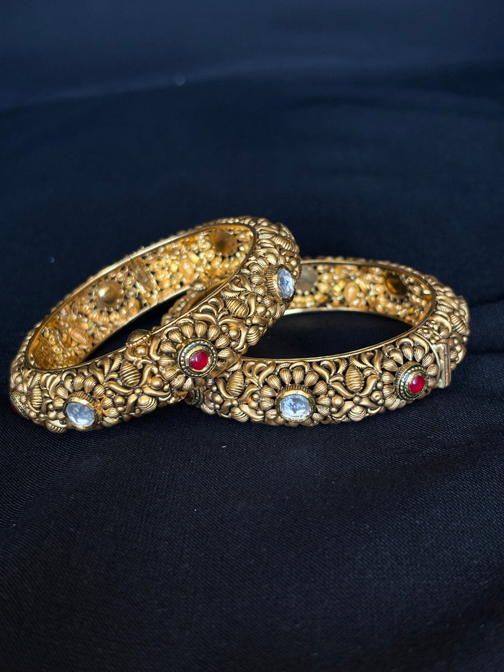 22KT Gold Floral Bangle Set with Gemstone Details