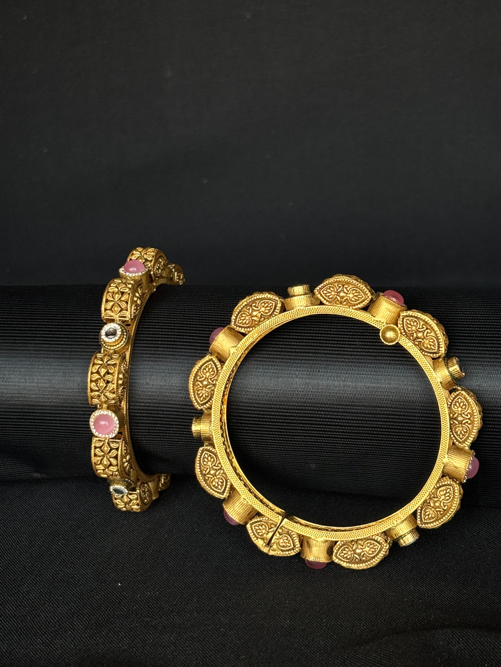 22K Gold Antique Bangles with Ruby and CZ Accents