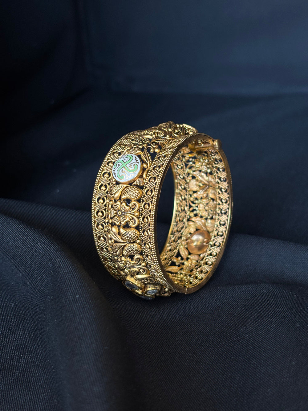 22K Gold Antique Temple Design Bangles with Ruby and CZ Embellishments