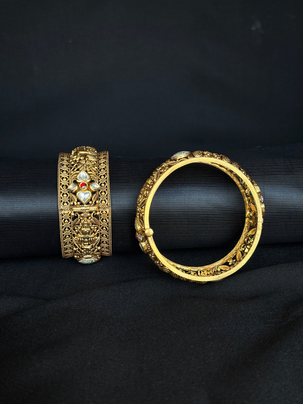 22K Gold Antique Temple Design Bangles with Ruby and CZ Embellishments