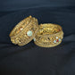 22K Gold Antique Temple Design Bangles with Ruby and CZ Embellishments