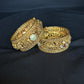 22K Gold Antique Temple Design Bangles with Ruby and CZ Embellishments