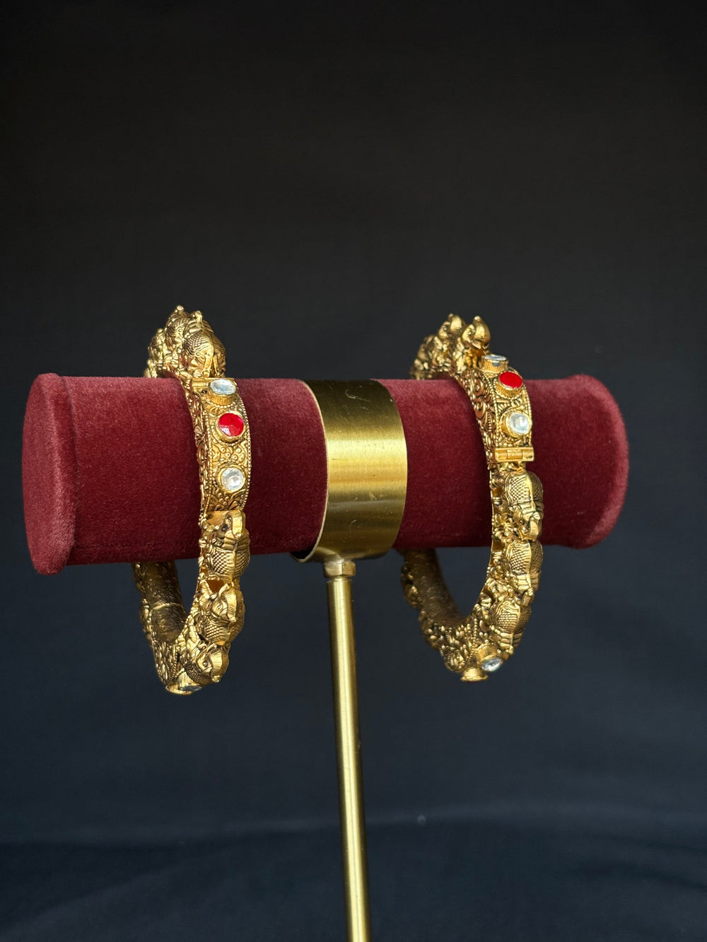 22K Gold Gokhru Bangle Set with Gemstone Details
