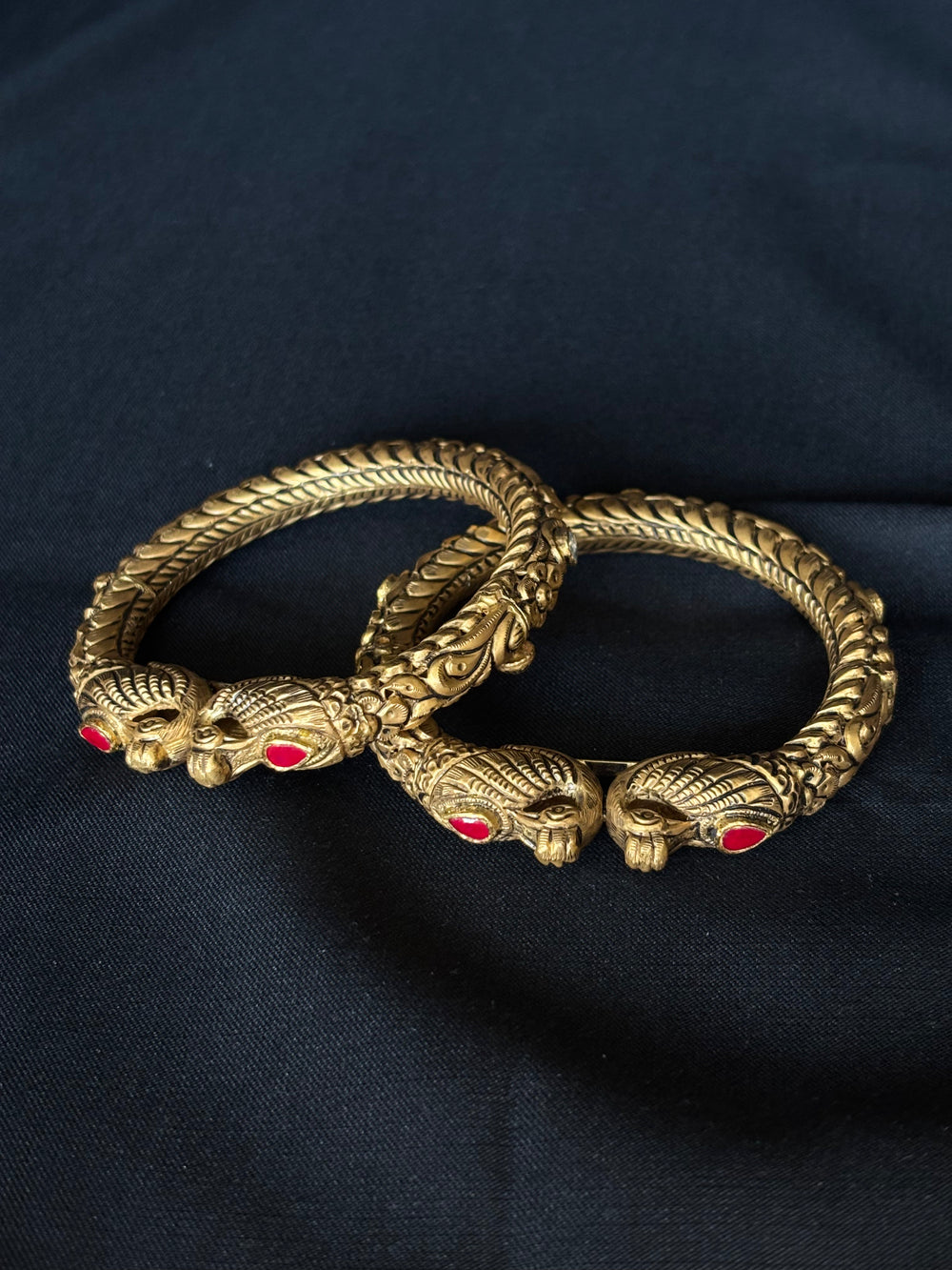 22K Gold Peacock Head Kada Bangle Set with Gemstones
