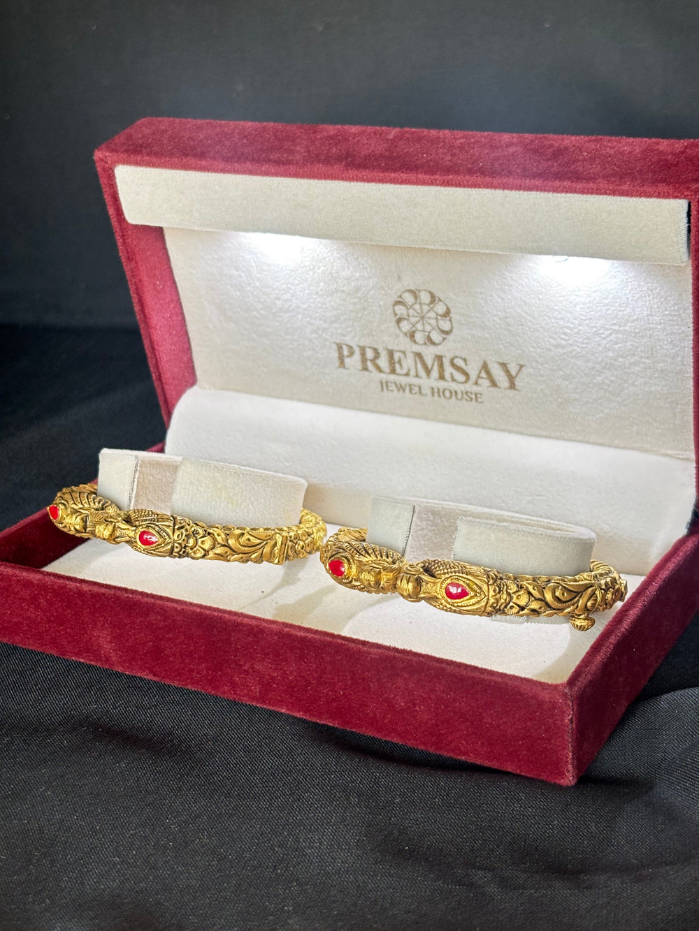 22K Gold Peacock Head Kada Bangle Set with Gemstones