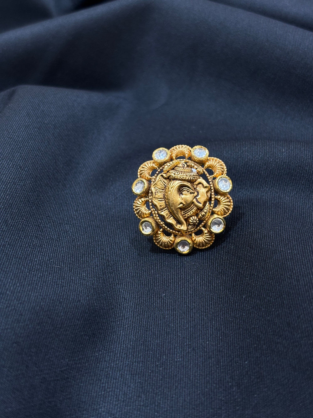 22K Gold Lord Ganesha Antique Ring with Kundan studded- Intricate Handcrafted Design