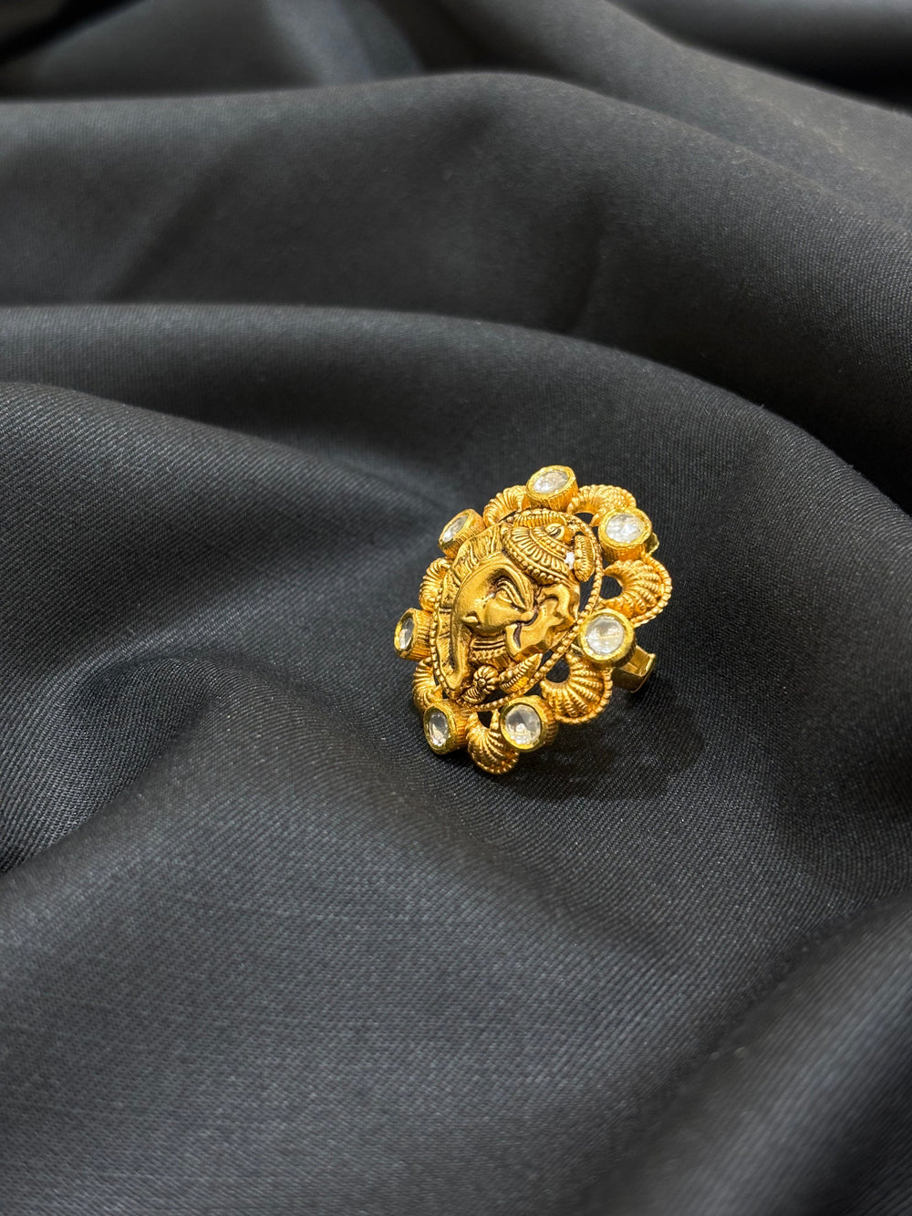 22K Gold Lord Ganesha Antique Ring with Kundan studded- Intricate Handcrafted Design