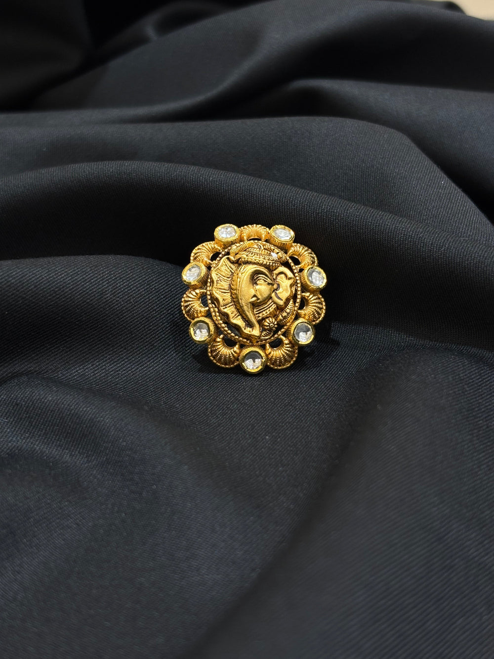 22KT Gold Lord Ganesha Antique Ring with Kundan studded- Intricate Handcrafted Design