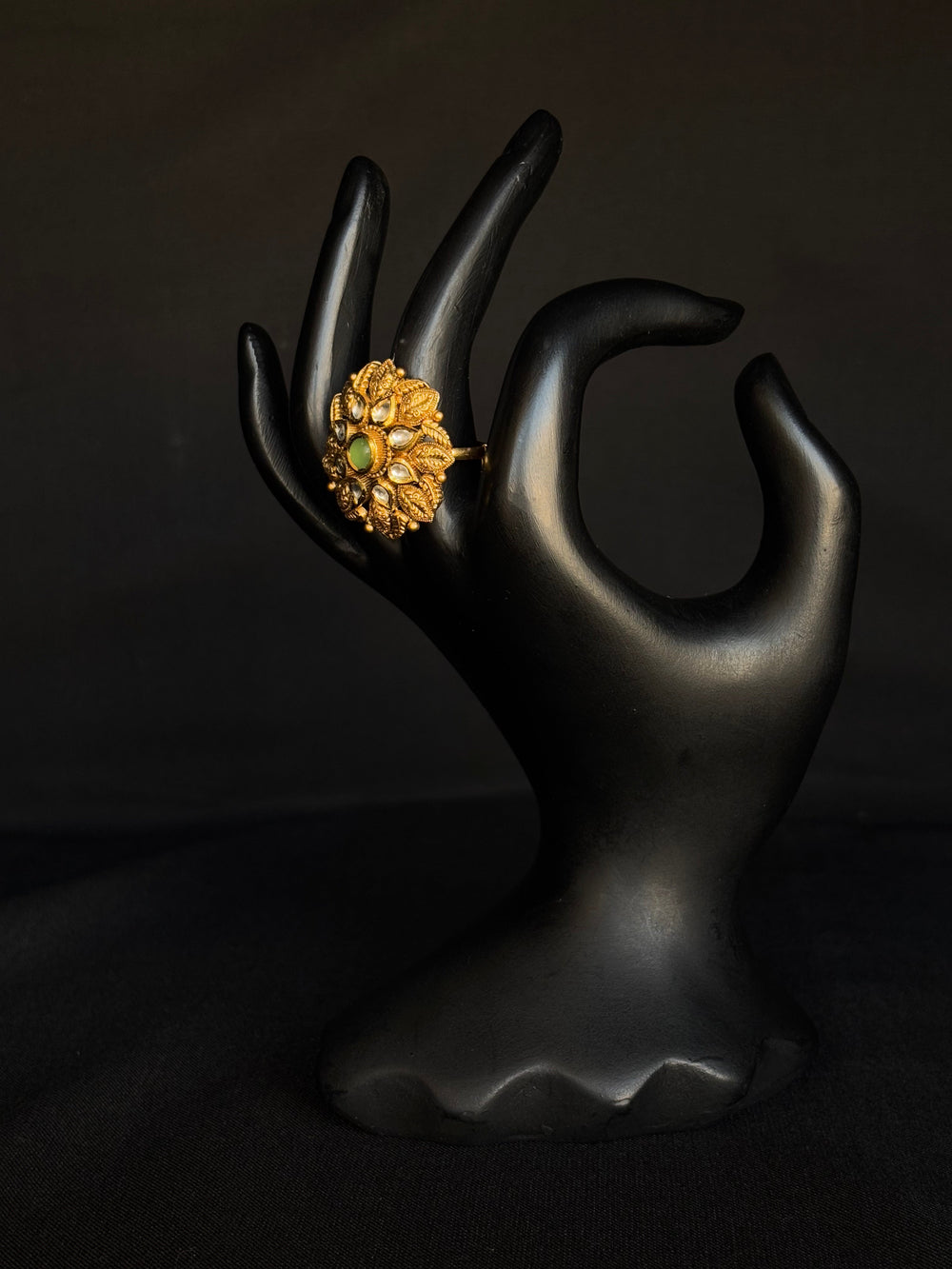 22K Gold Floral Kundan Ring with Pearl & Gemstone Accents