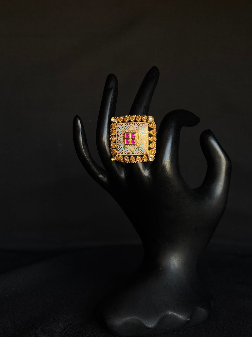 22K Gold Square Kundan Ring with Enamel & Gemstone Accents