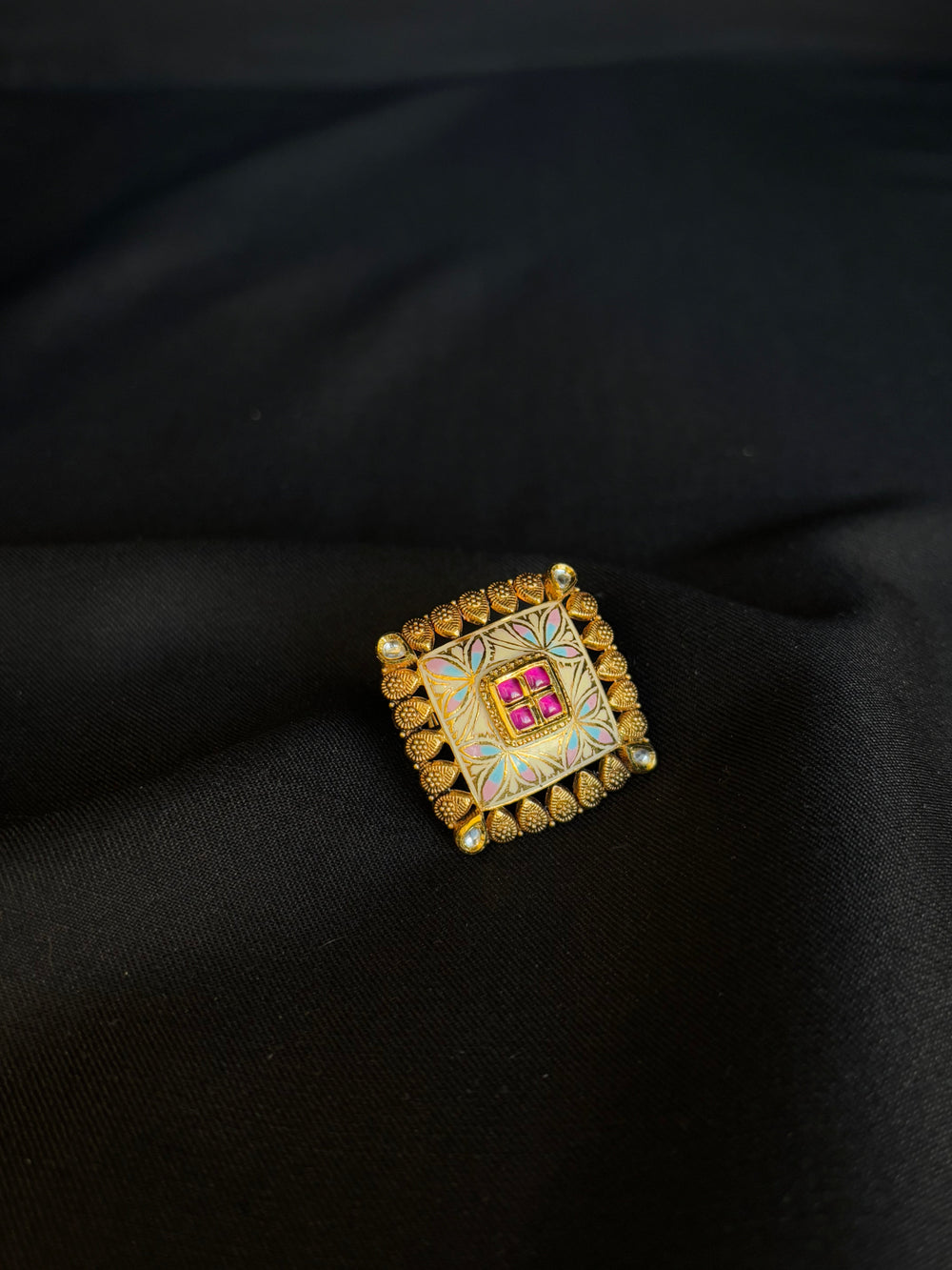 22K Gold Square Kundan Ring with Enamel & Gemstone Accents