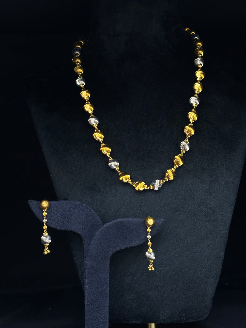 22K Gold Dholki Bead Necklace and Earrings Set