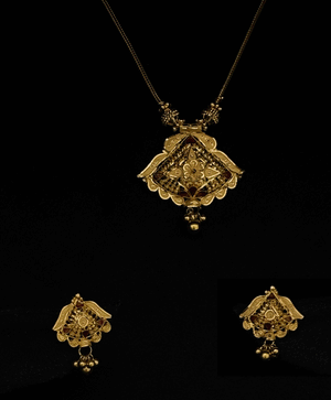 22K Gold Necklace and Earrings Set with Colorful Accents