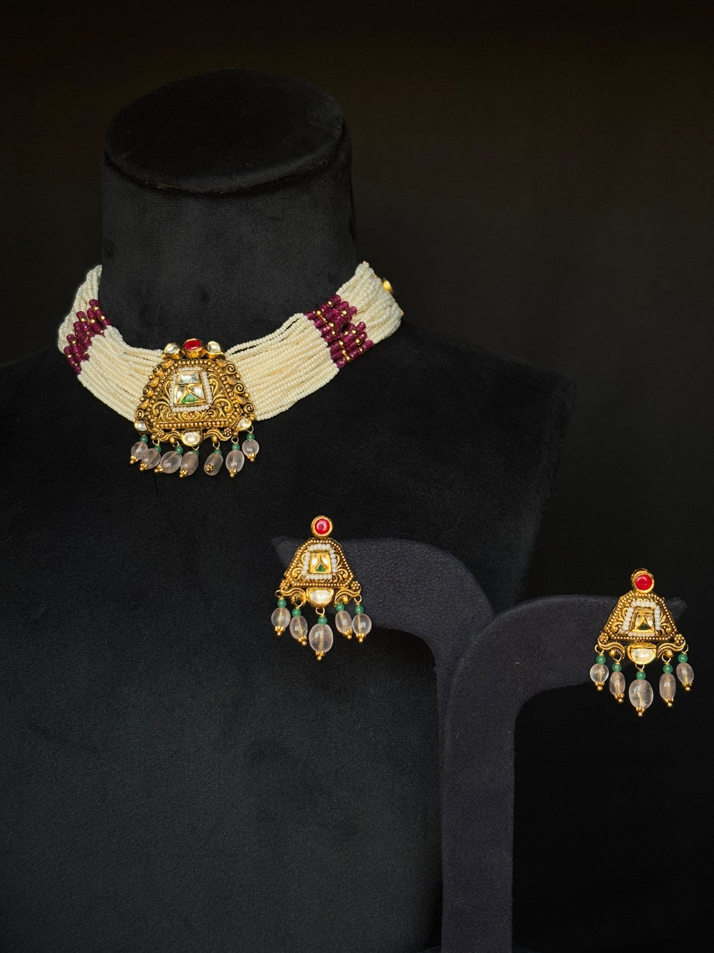 22KT Gold Antique Necklace Set with Pearl & Gemstone Detailing