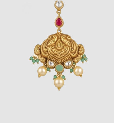 22KT Yellow Gold Peacock Motif Maang Tikka with Pearls & Green Beads