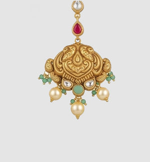22KT Yellow Gold Peacock Motif Maang Tikka with Pearls & Green Beads