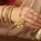 22KT Yellow Gold Peacock Motif Maang Tikka with Pearls & Green Beads