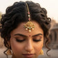 22KT Yellow Gold Peacock Motif Maang Tikka with Pearls & Green Beads