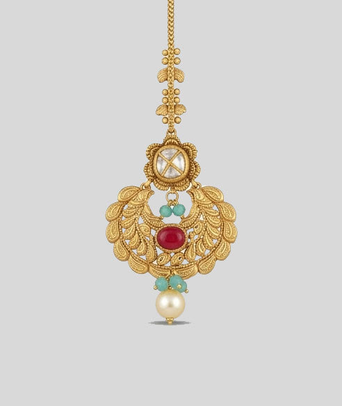 Elegant 22KT Gold Filigree Maang Tikka with Ruby & Emerald Accents