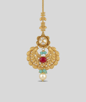 Elegant 22KT Gold Filigree Maang Tikka with Ruby & Emerald Accents