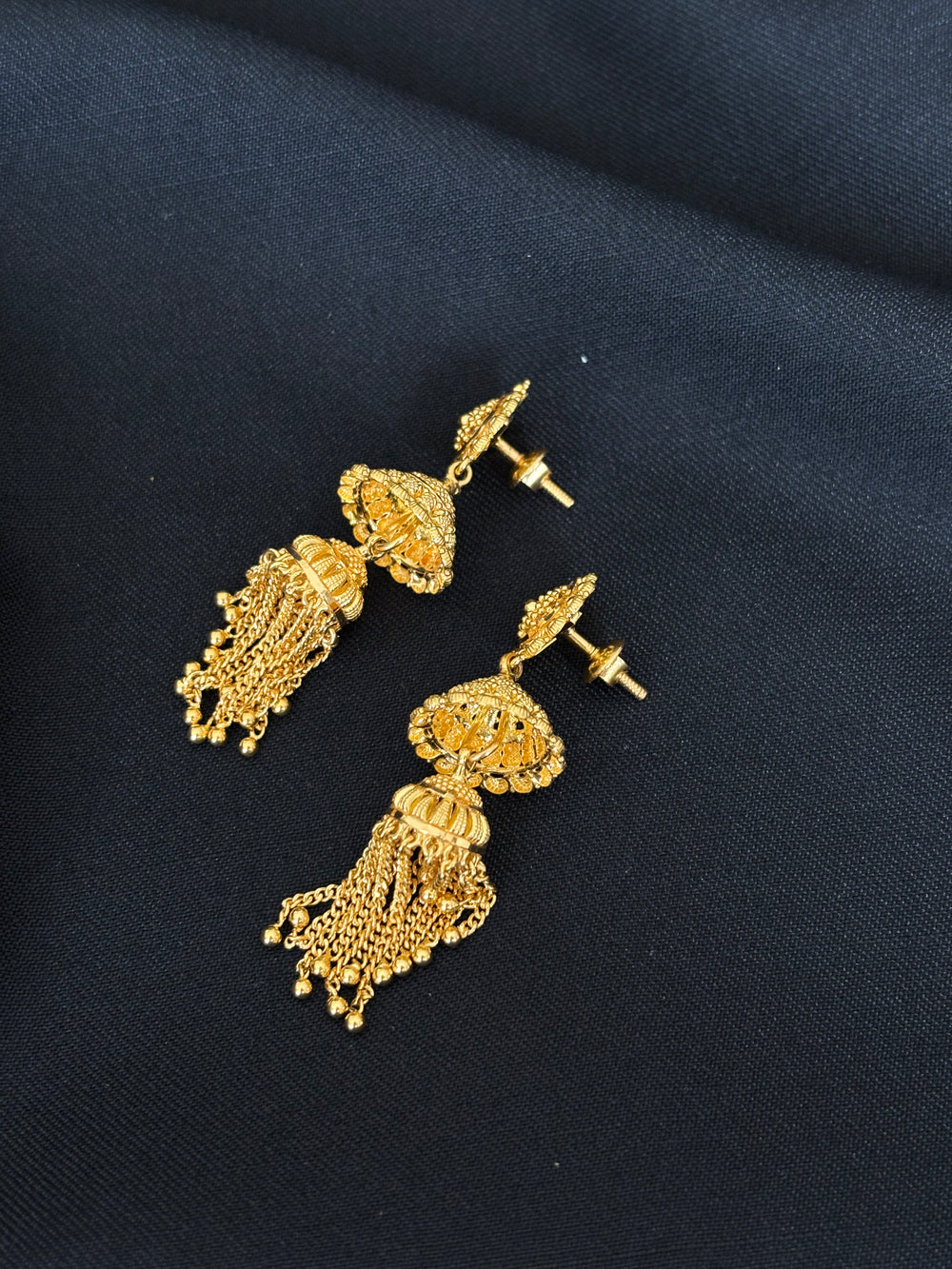 22K Yellow Gold Mesh Texture Latkan Earrings | Traditional Beaded Tassel Drops