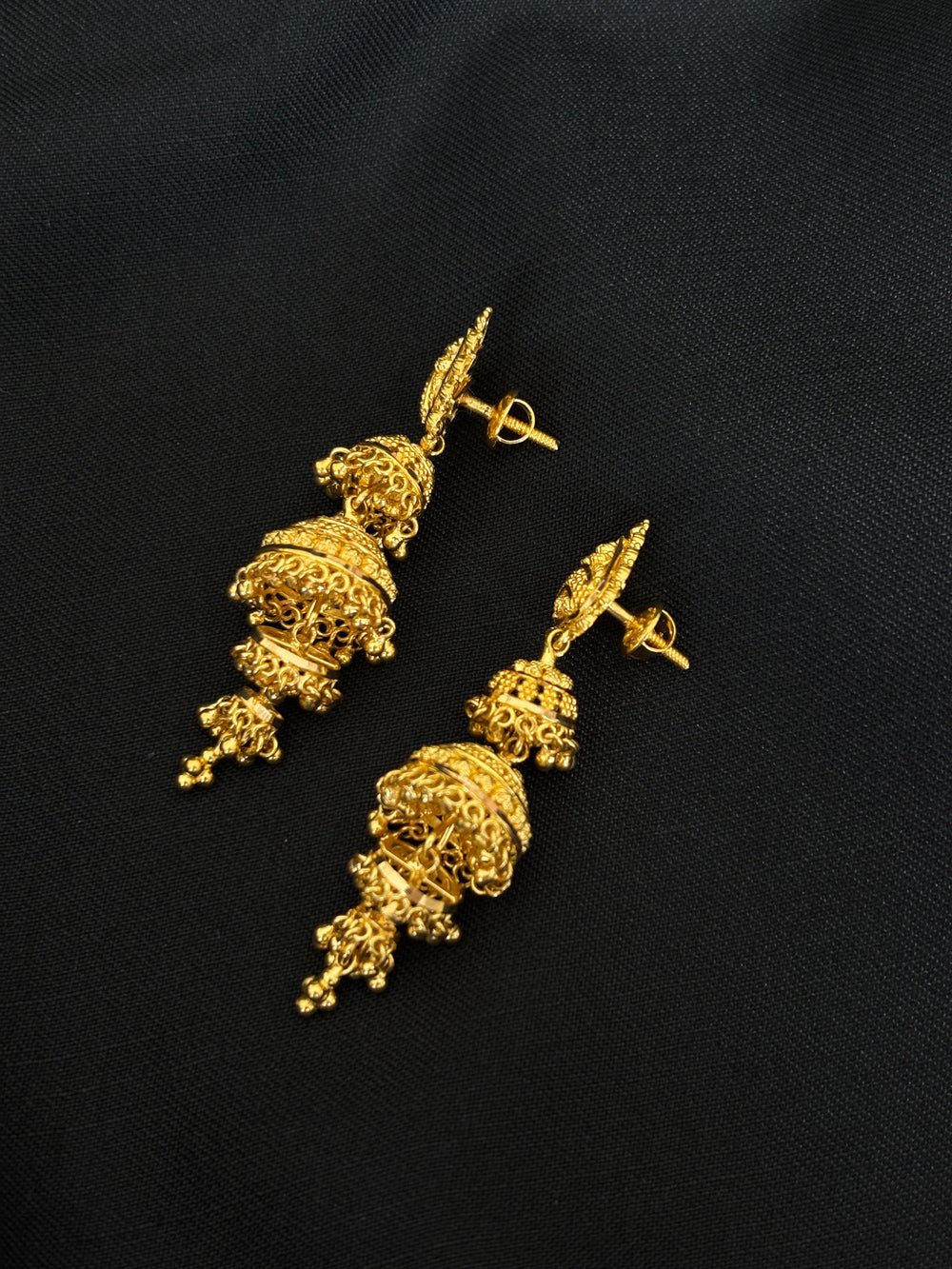 22K Gold Scalloped Shield Latkan Earrings | Ornate Filigree Heritage Jewelry