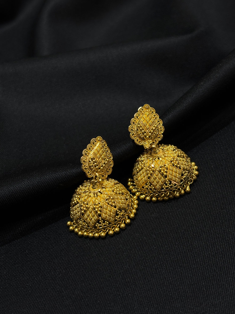 22K Gold Traditional Jhumka Earrings - Intricate Filigree Design