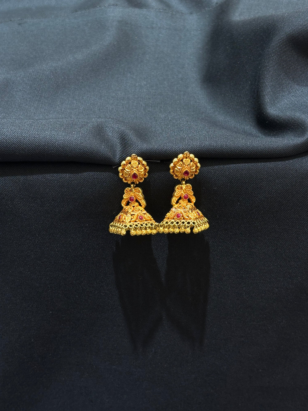 22KT Gold Antique Jhumka Earrings with Ruby Accents - Traditional Indian Temple Jewelry