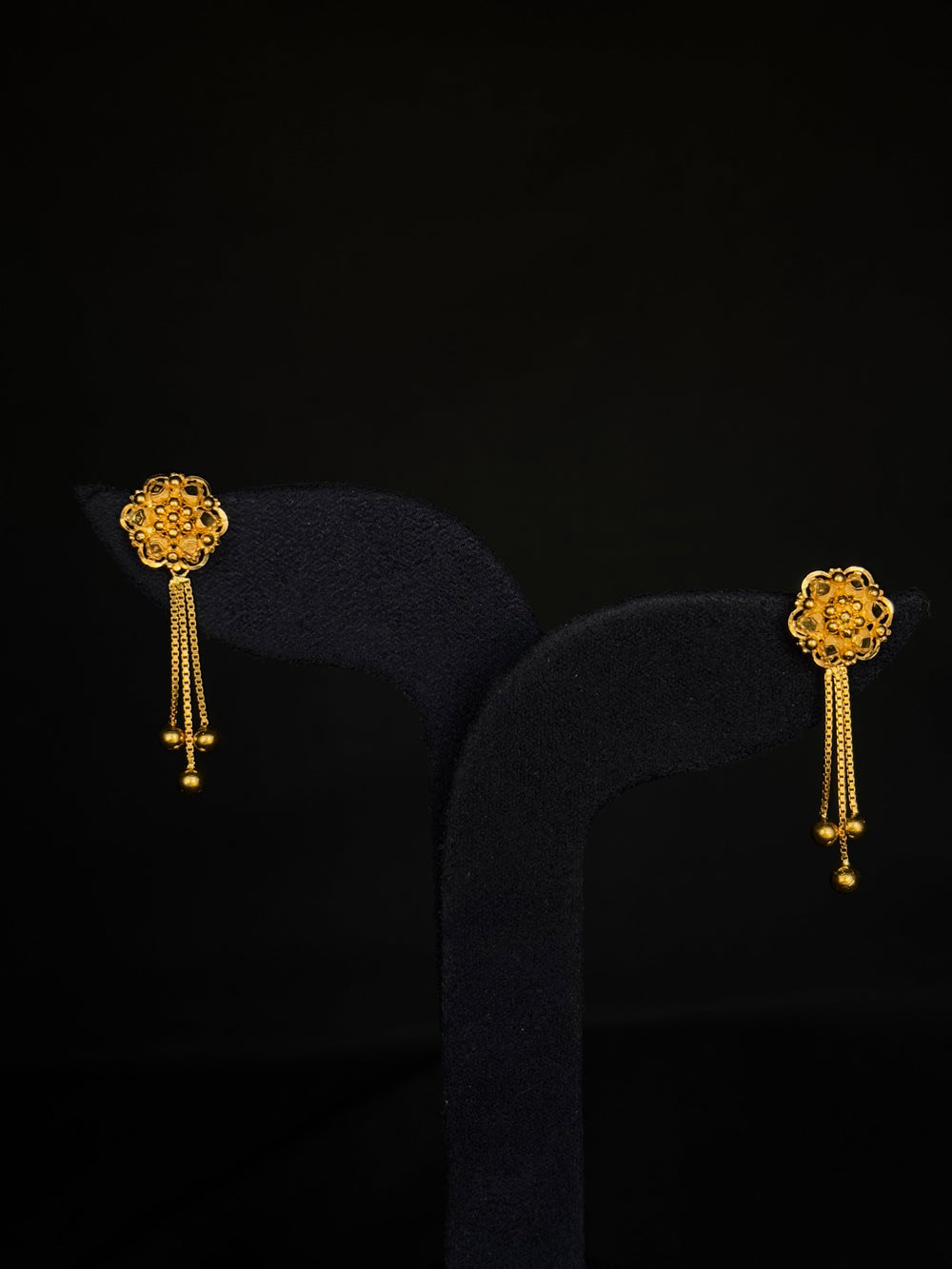 22K Gold Floral Drop Earrings with Dangling Chains.