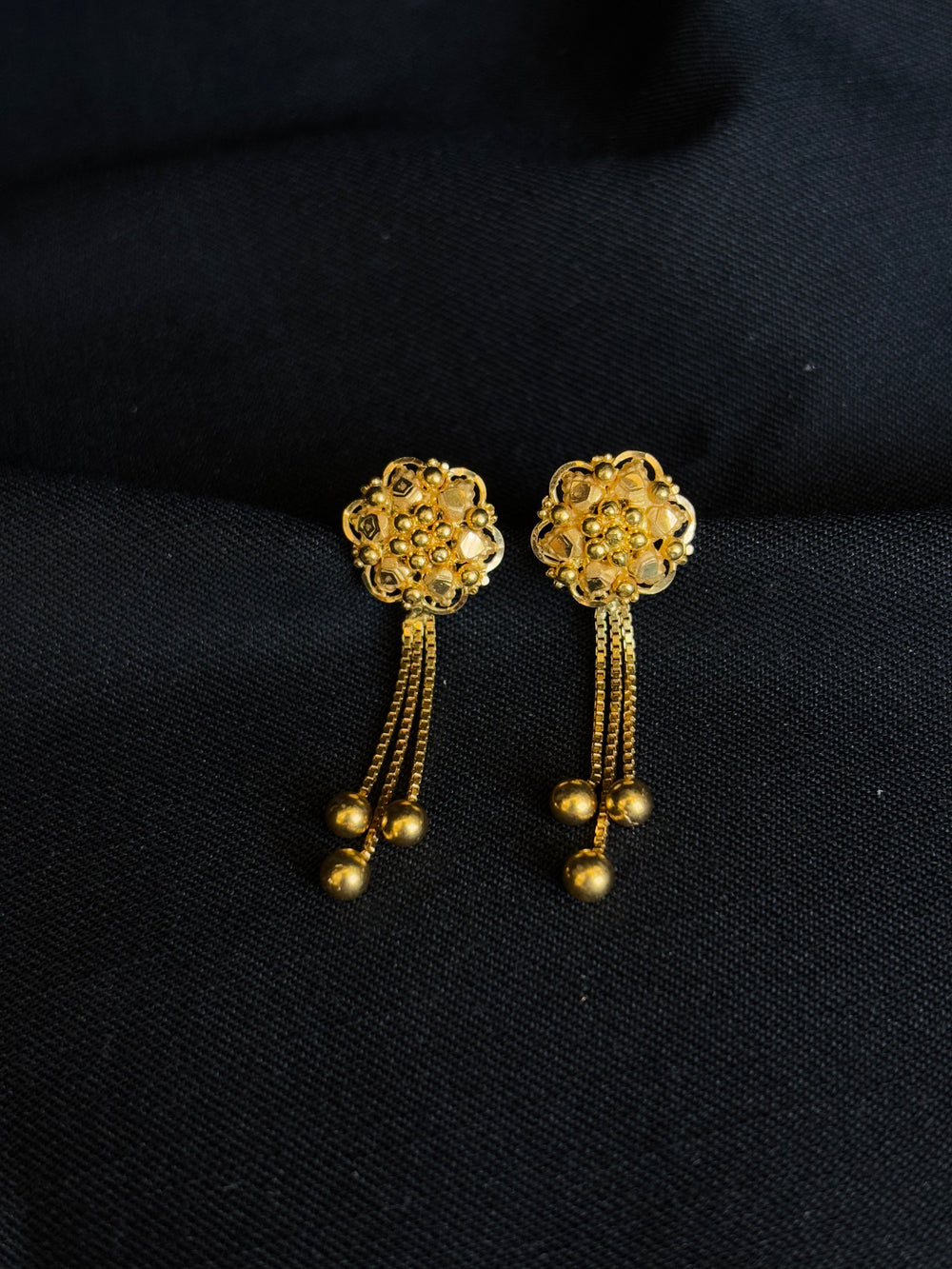 22K Gold Floral Drop Earrings with Dangling Chains.