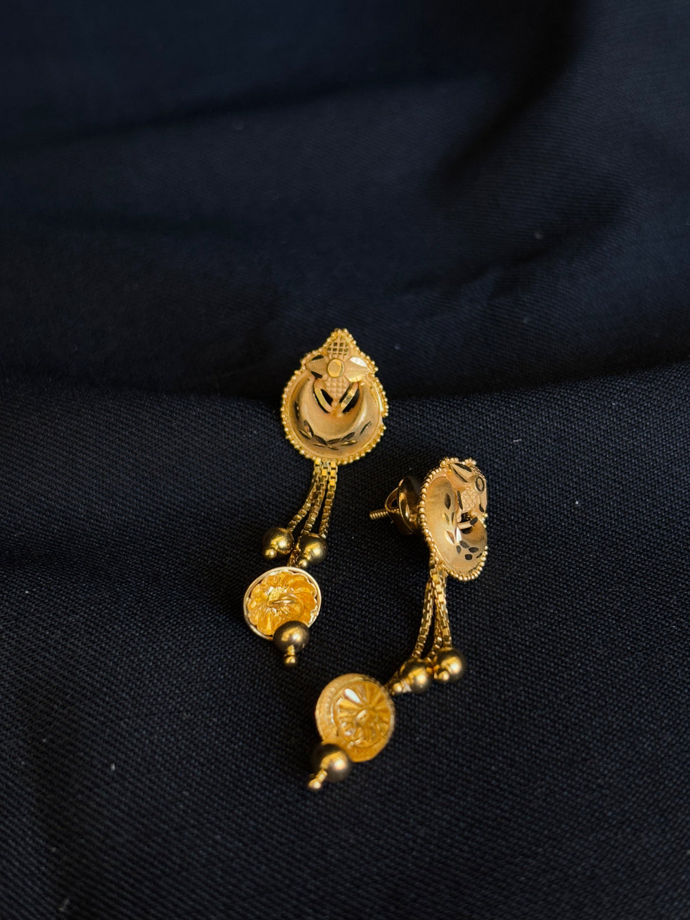 22K Gold Traditional Floral Drop Earrings with Coin Charms