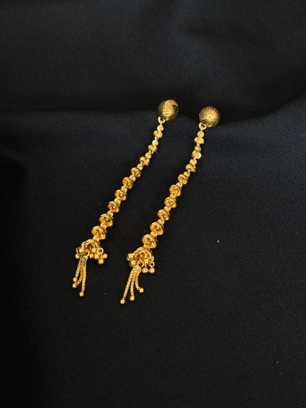 Extended Elegance: 22K Gold Long Dangle Earrings with Textured Beads