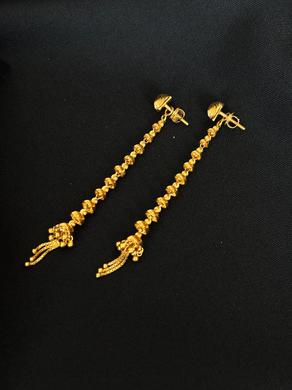 Extended Elegance: 22K Gold Long Dangle Earrings with Textured Beads