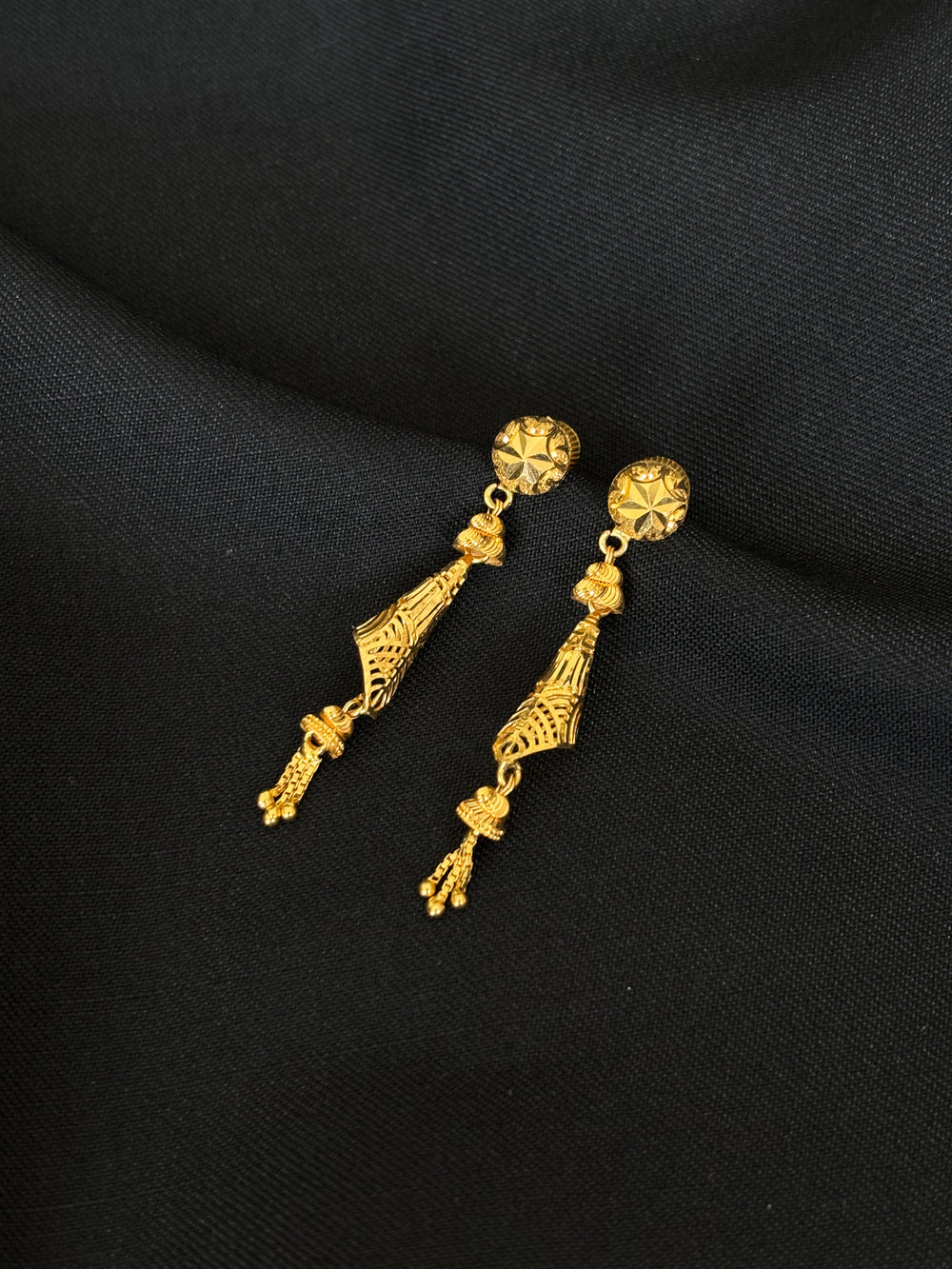 22K Gold Geometric Filigree Latkan Earrings | Modern Beaded Tassel Dangles