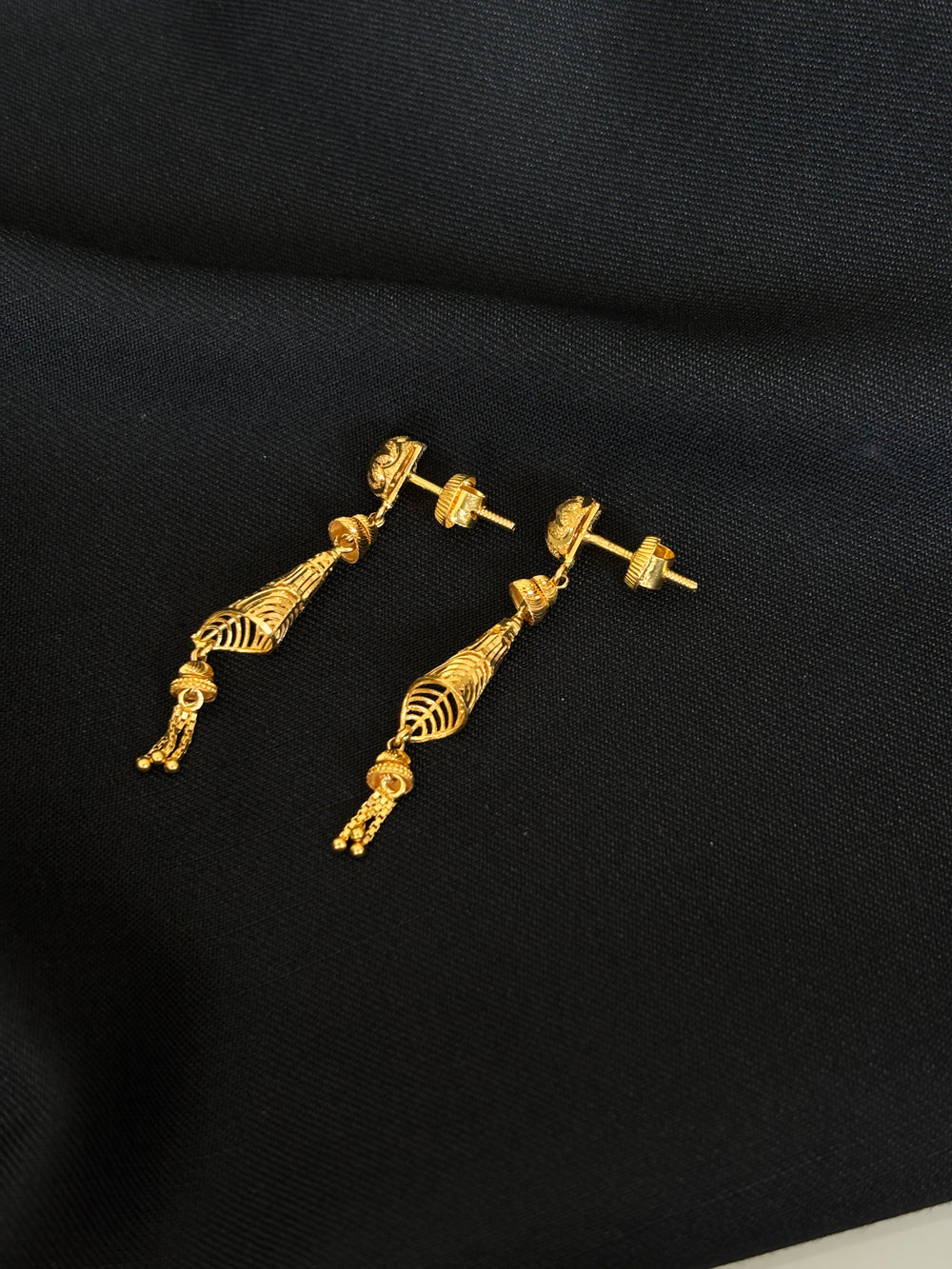 22K Gold Geometric Filigree Latkan Earrings | Modern Beaded Tassel Dangles