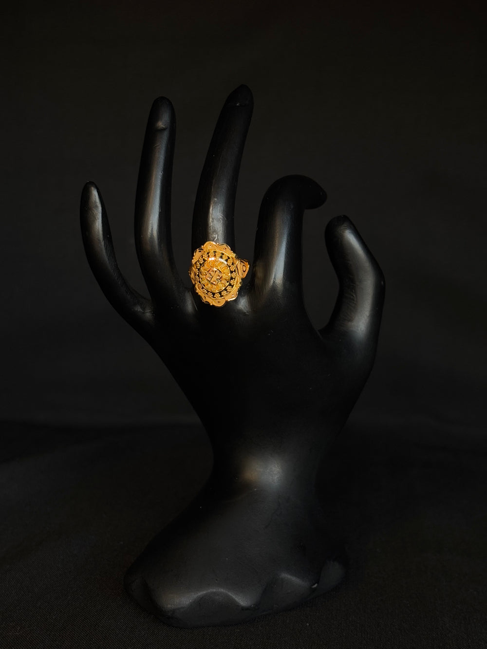 22K Gold Ladies Ring with Intricate Circular Design & Detailed Center.
