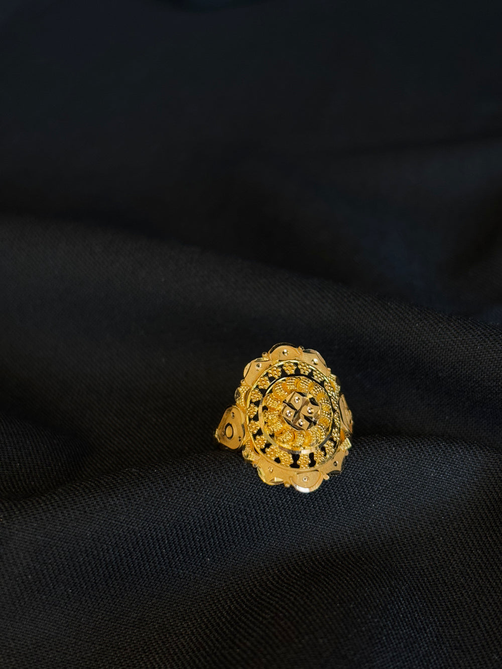 22K Gold Ladies Ring with Intricate Circular Design & Detailed Center.