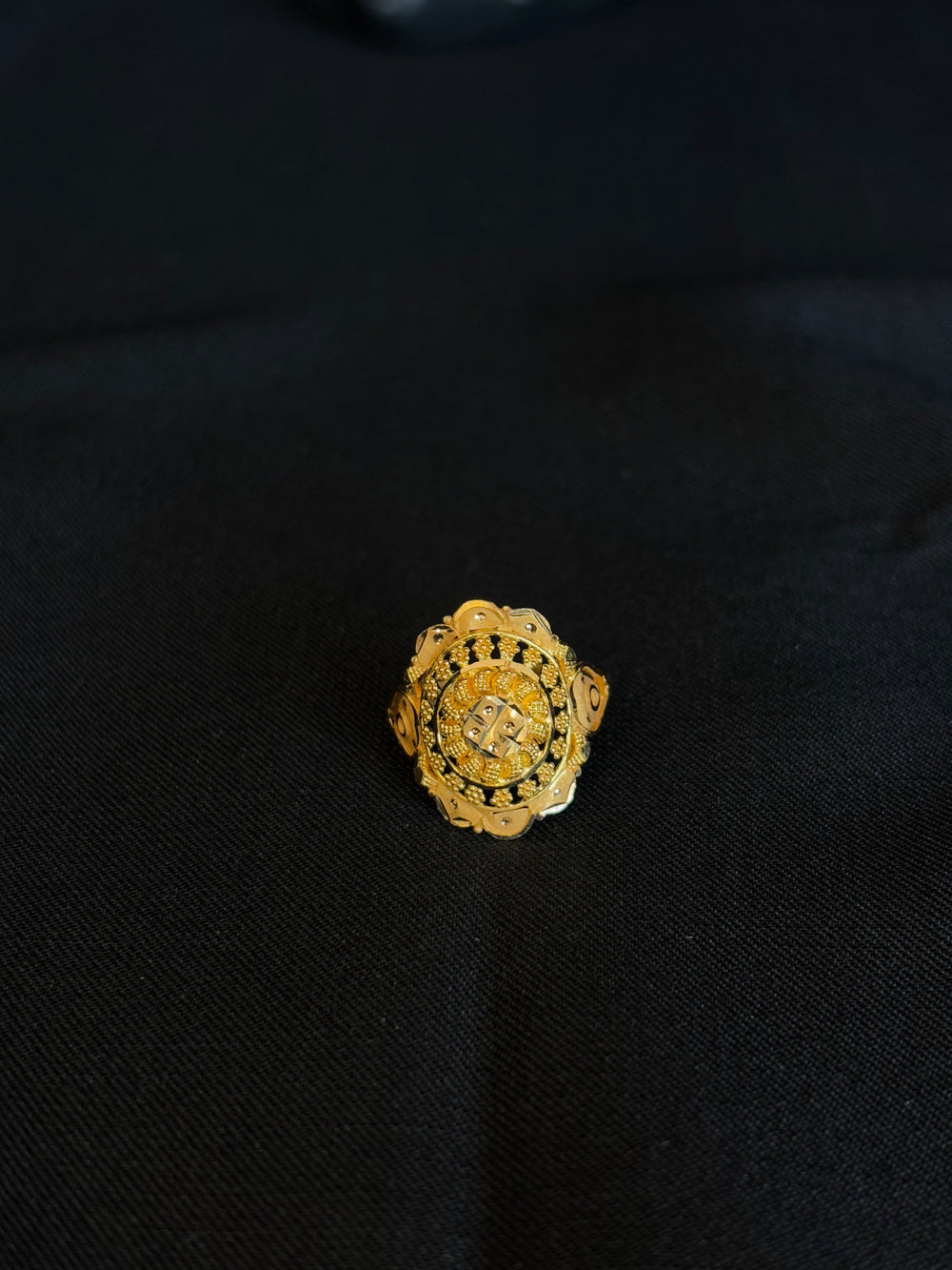 22KT Gold Ladies Ring with Intricate Circular Design & Detailed Center.
