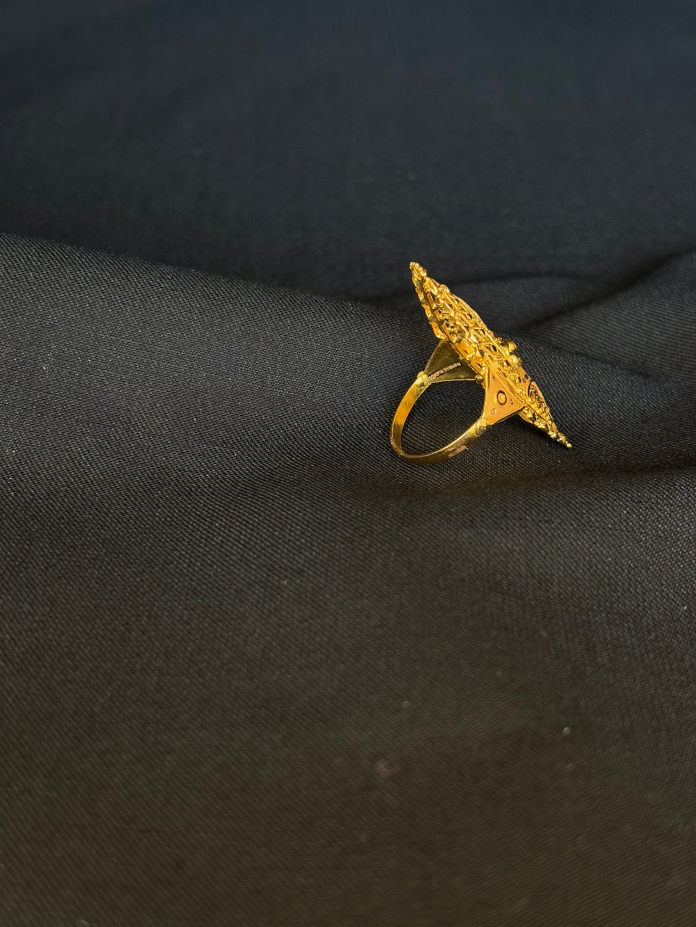 22KT Gold Elongated Cocktail Ring with Intricate Filigree & Floral Design